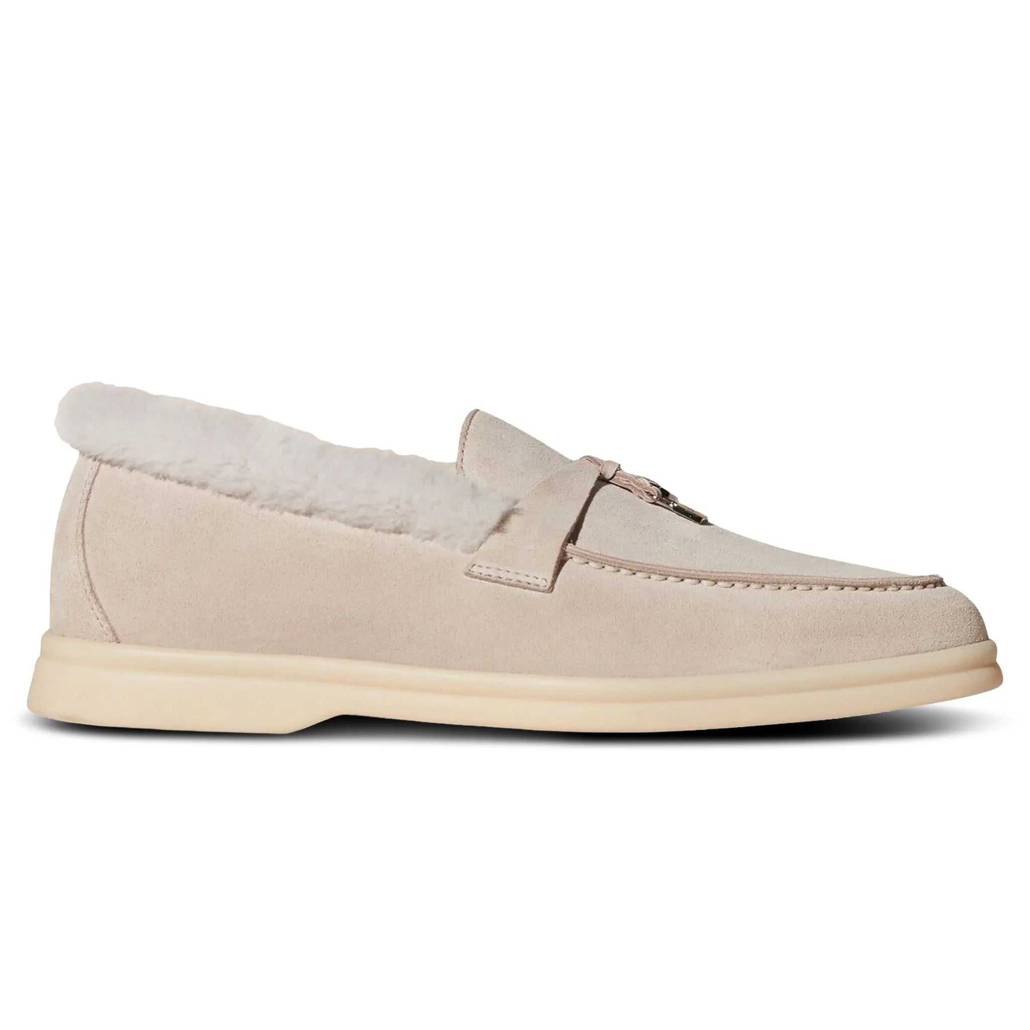 Side View of Loro Piana Summer Charms Walk Suede With Beaver Fur Pearl Powder Loafers FAL9227_A760